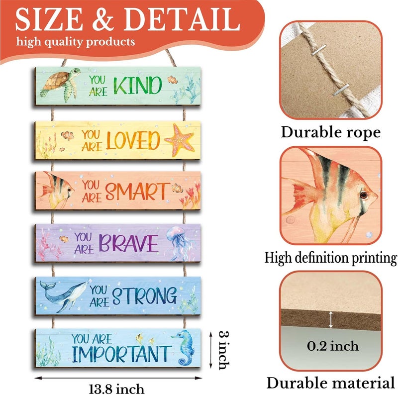 HIWERAN 6 Pieces Ocean Decor Kids Room Decor, Watercolor Ocean Inspirational Wall Art Decor for Teens Children Bedroom Princess Toddler Room, Works of art Made of Wood, Works of Art of Wood, Placards of Woods - Image 2